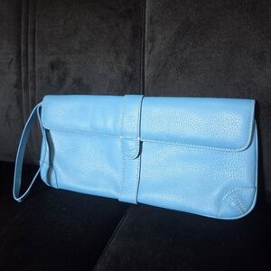 Ann Taylor LOFT BLUE GENUINE LEATHER FLAP STITCHED WRISTLET CLUTCH HANDBAG